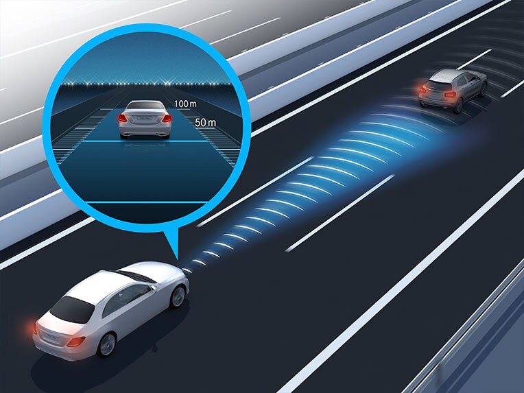 全新 Mercedes-Benz CLE 轎跑車中 DISTRONIC 主動定速測距輔助系統的圖示。