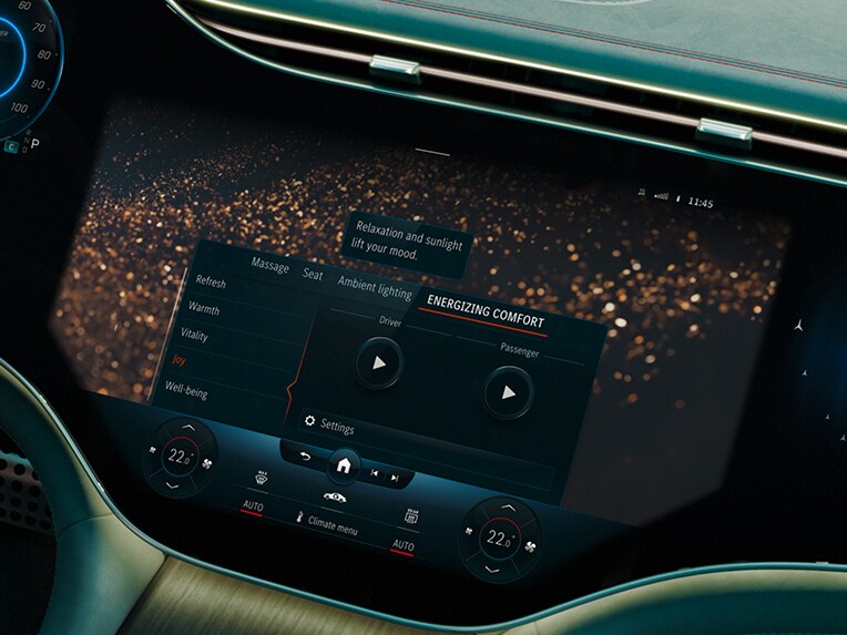 Mercedes-EQ EQE 豪華轎車內顯示器上的進階 ENERGIZING 舒活套件顯示內容。