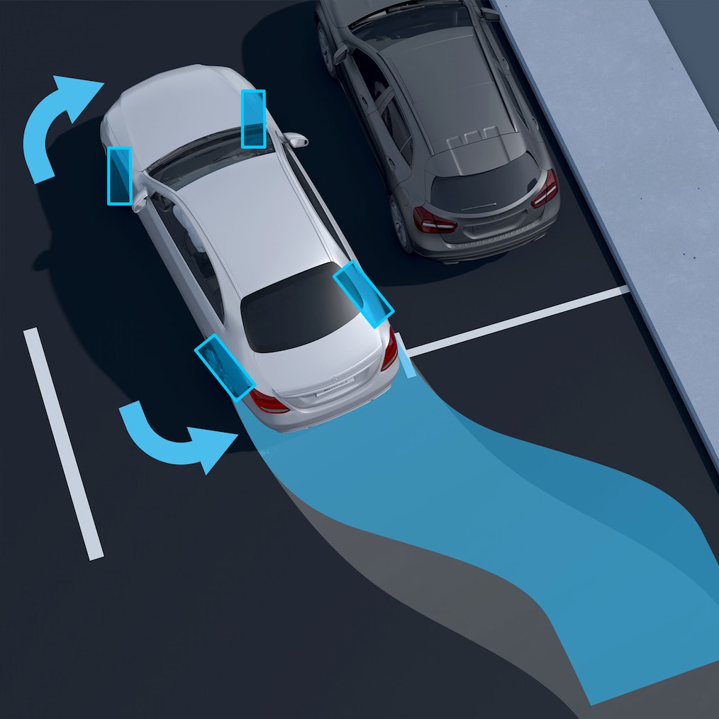 Mercedes-Benz EQE 轎車的後軸轉向系統圖示。