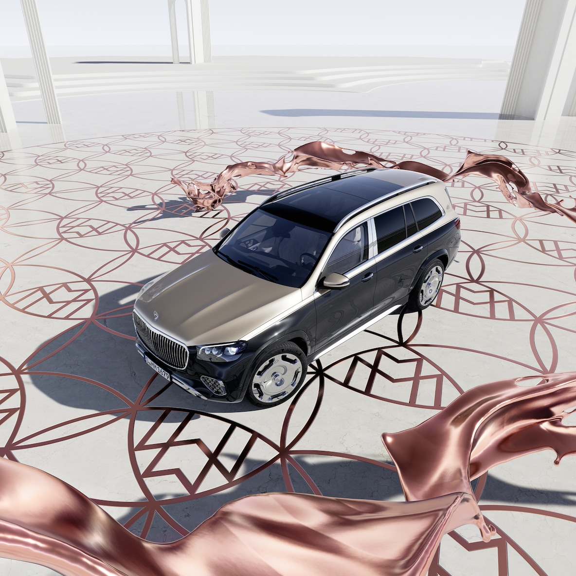 鳥瞰視角下的 Mercedes-Maybach GLS 600 的車頭偏側視圖。