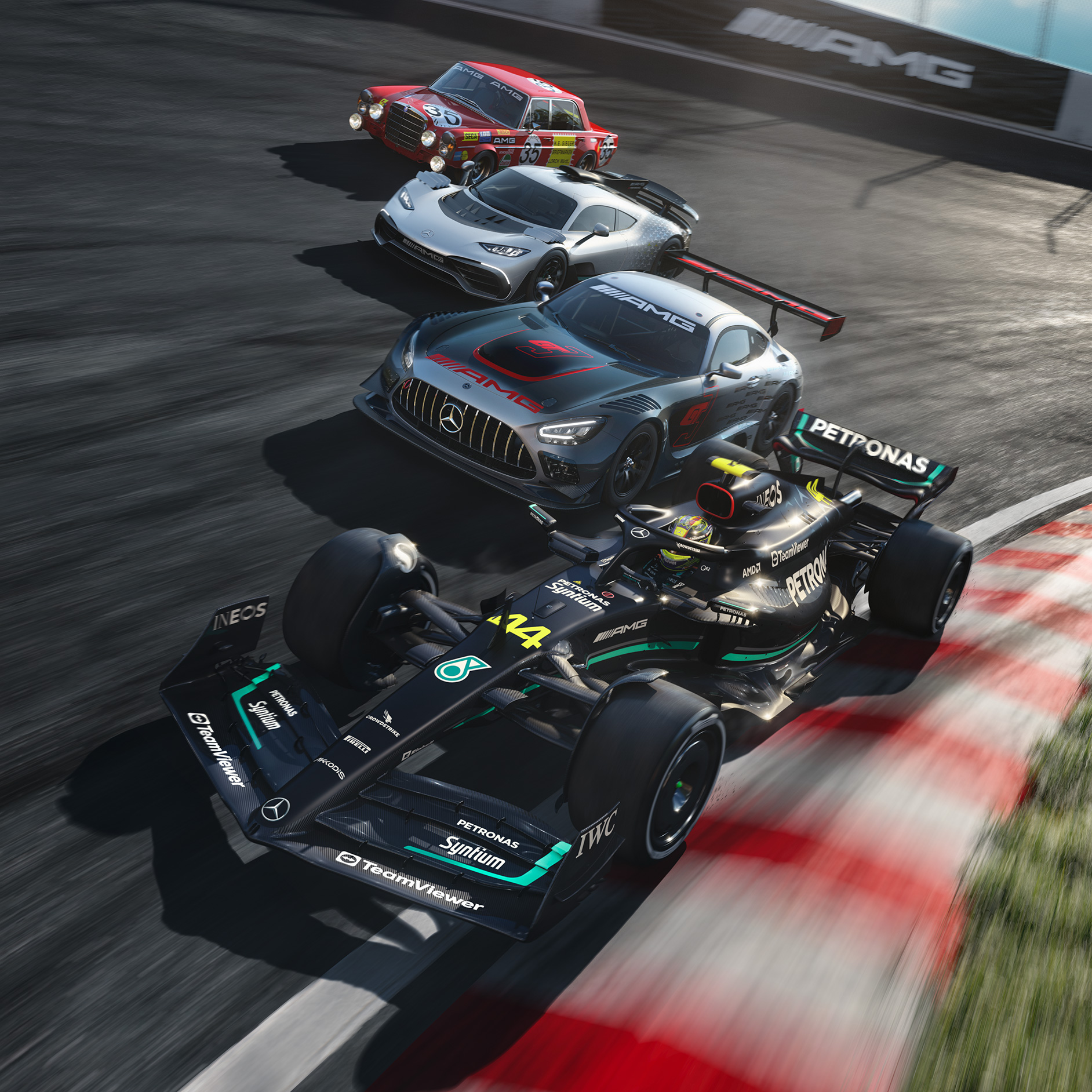 車輛動態 | 我們的驅動力 | Mercedes-AMG 多輛 Mercedes-AMG 跑車在賽道上。