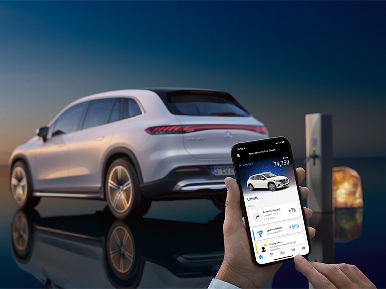 Mercedes-Maybach EQS 運動休旅車的 ECO Coach 應用程式可視化顯示。