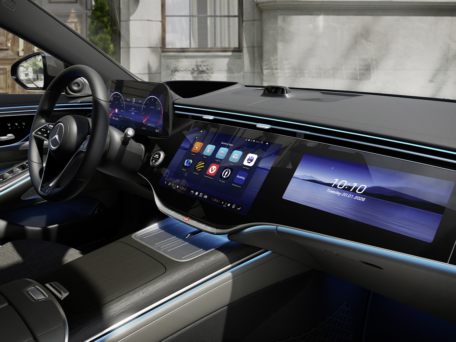 新款賓士S級轎車駕駛艙內的MBUX超級螢幕顯示MB。Mercedes-Benz 的 OS