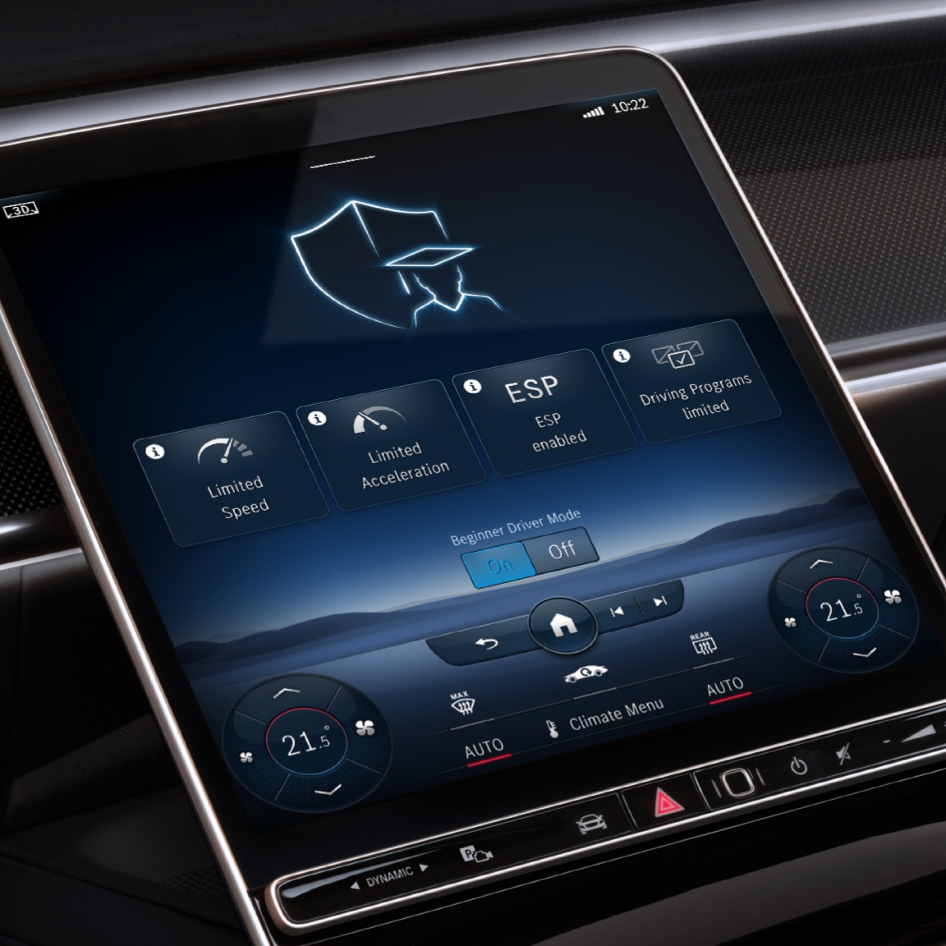 在 MBUX 多媒體系統上顯示速限警示數位增訂功能表。 在 MBUX 多媒體系統上顯示速限警示數位增訂功能表。