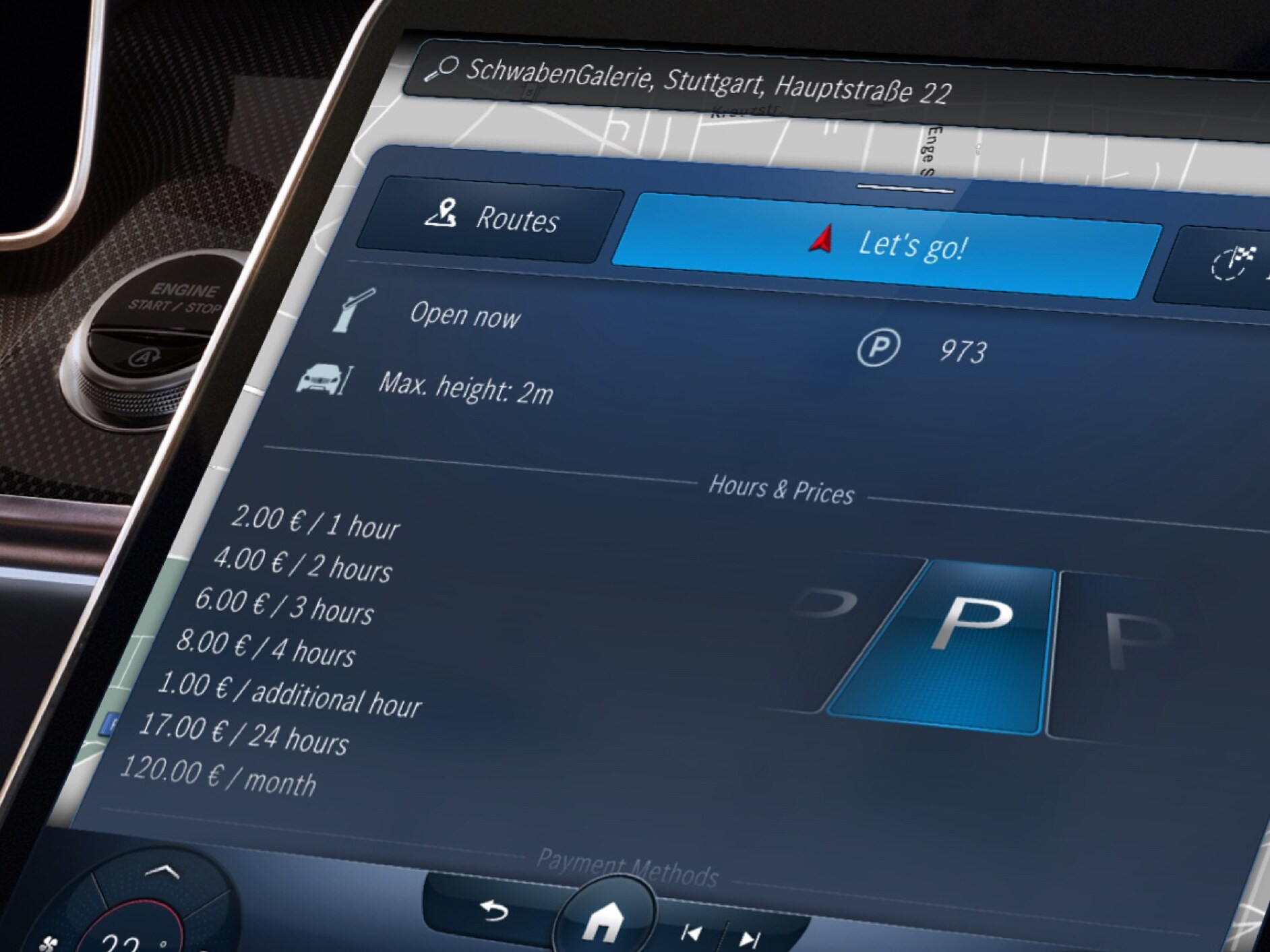 有了停車導航數位增訂，在 MBUX 多媒體系統上可顯示仍可使用的停車位和其價格。