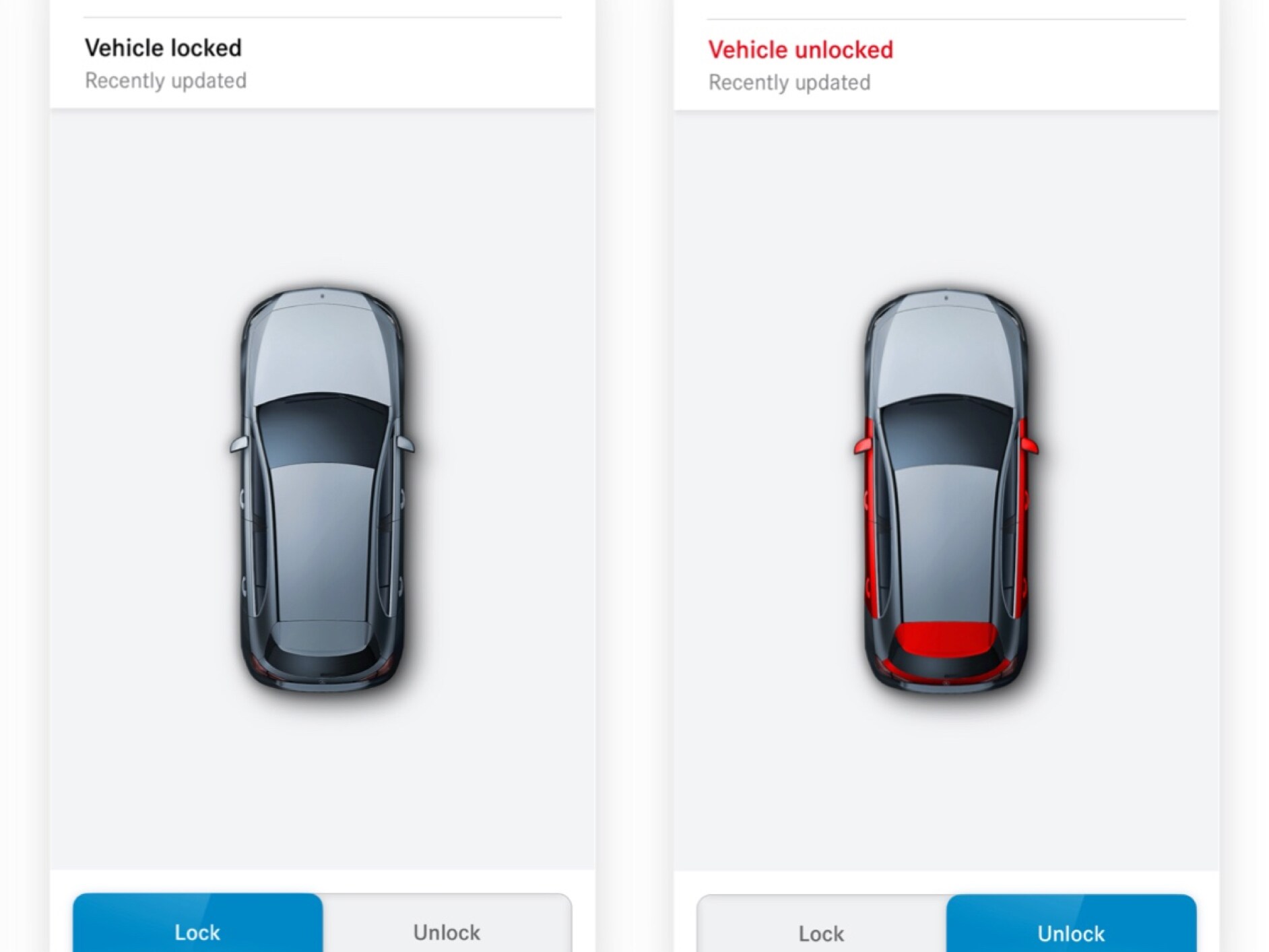 當遠端上鎖和解鎖數位增訂偵測到有車門未上鎖時，即在智慧型手機上顯示各種螢幕內容。