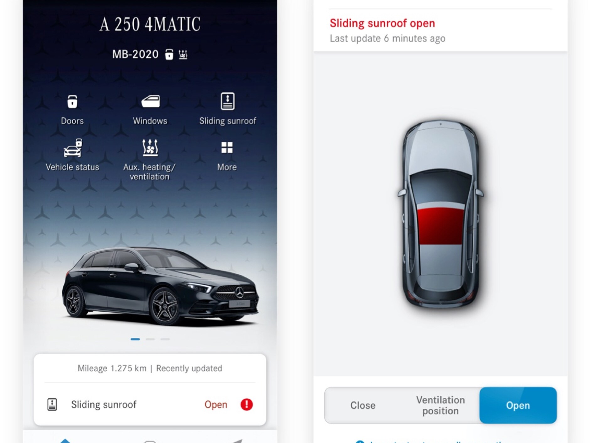 當遠端天窗與車窗啟閉數位增訂偵測到天窗未上鎖時，即在智慧型手機上顯示各種螢幕內容。