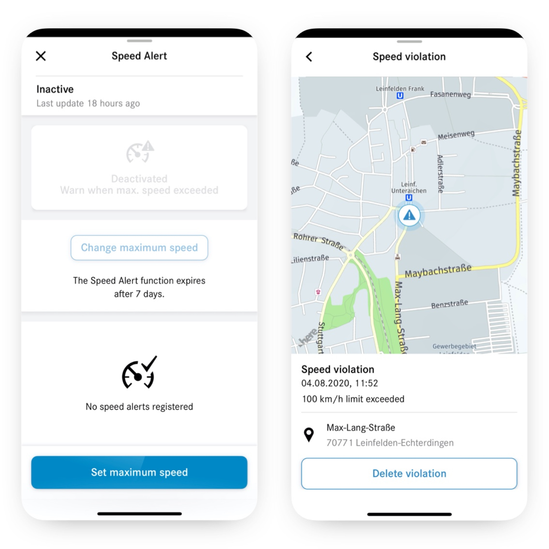 當速限警示數位增訂已啟動並確認到違規時,智慧型手機上即顯示各種螢幕畫面。 當速限警示數位增訂已啟動並確認到違規時,智慧型手機上即顯示各種螢幕畫面。