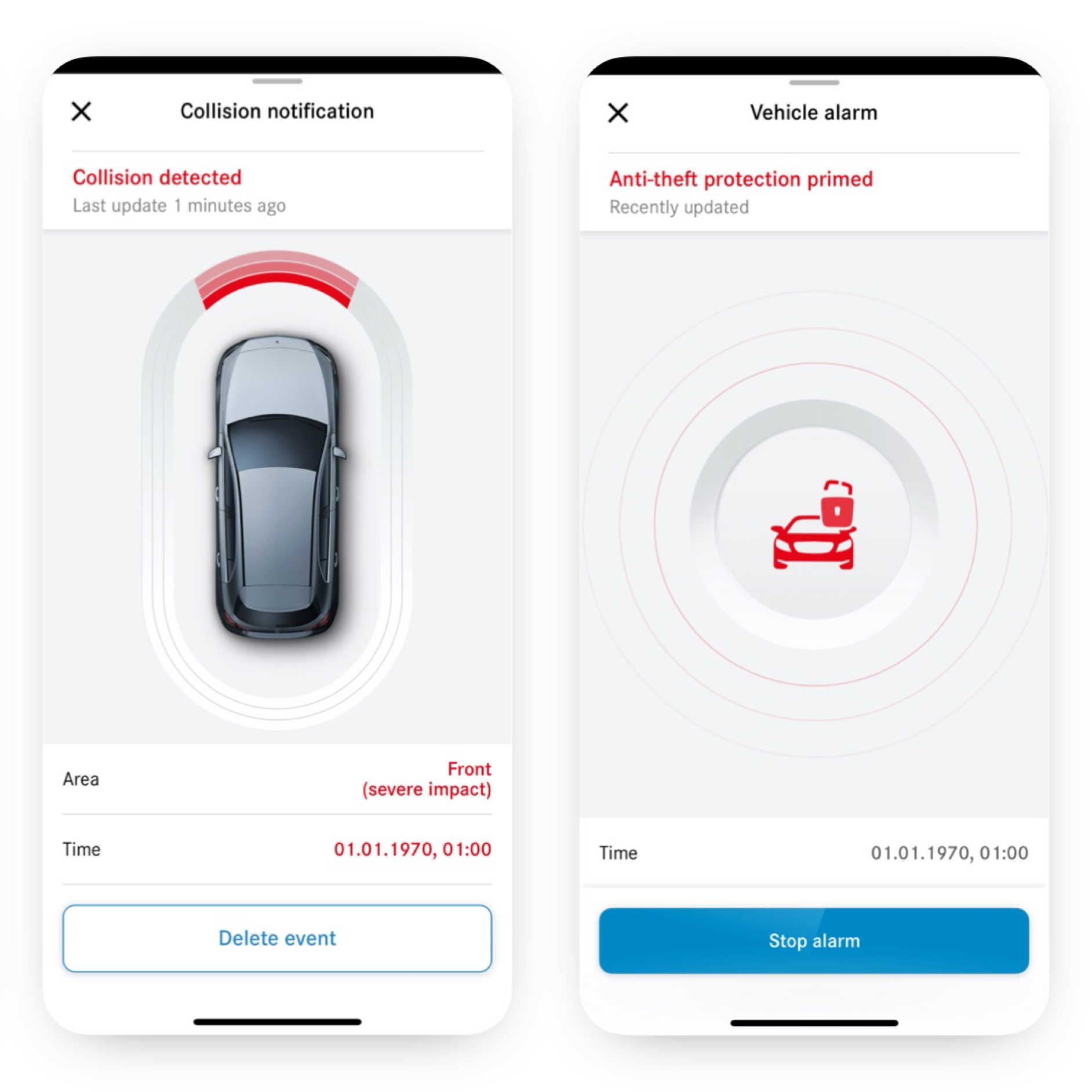 在智慧型手機使用數位增訂即可顯示盜竊和停車損壞通知,告知已發生碰撞。 在智慧型手機使用數位增訂即可顯示盜竊和停車損壞通知,告知已發生碰撞。