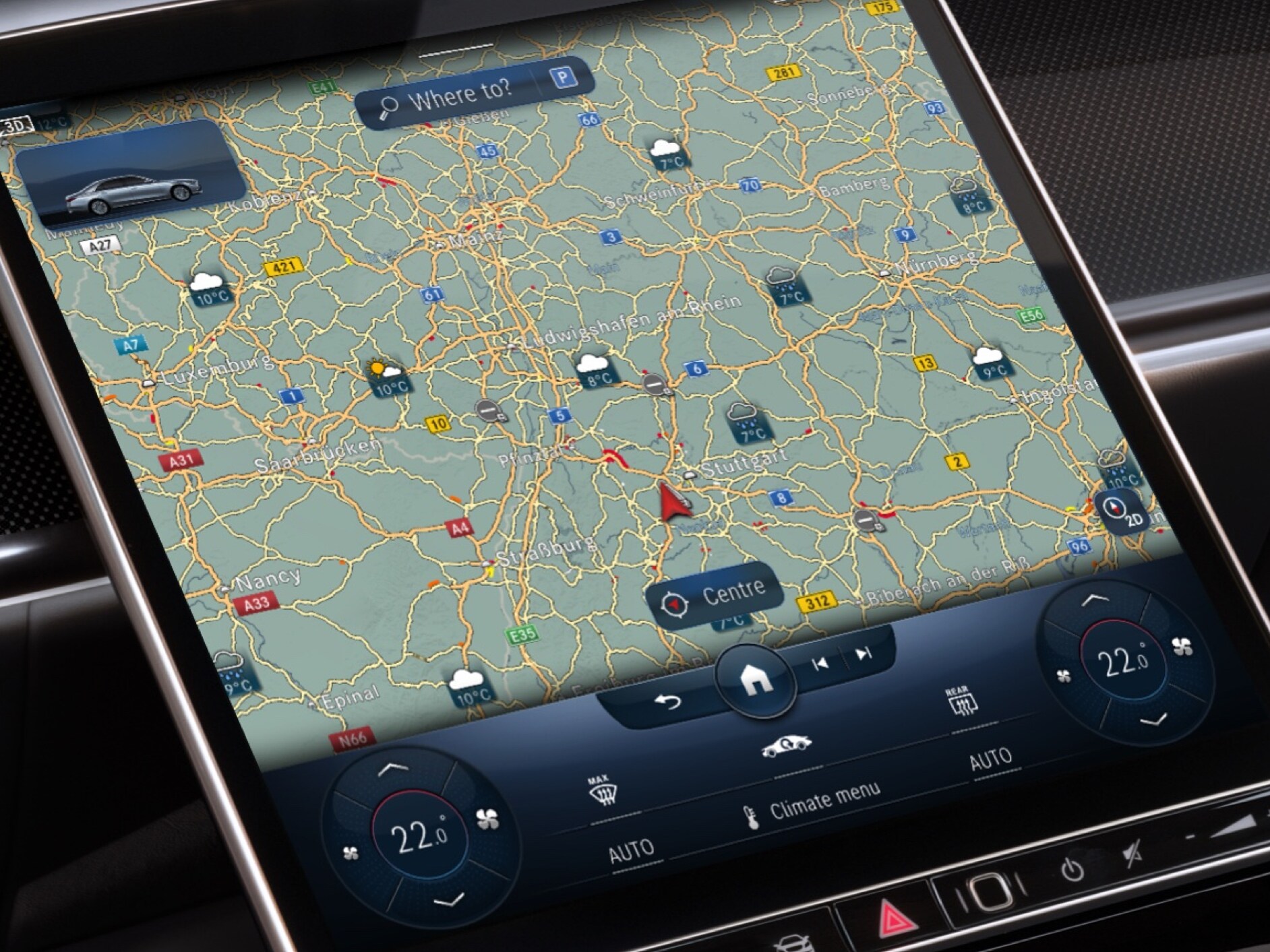 在 MBUX 多媒體系統上透過天氣地圖數位增訂顯示目標區域的天氣預報。