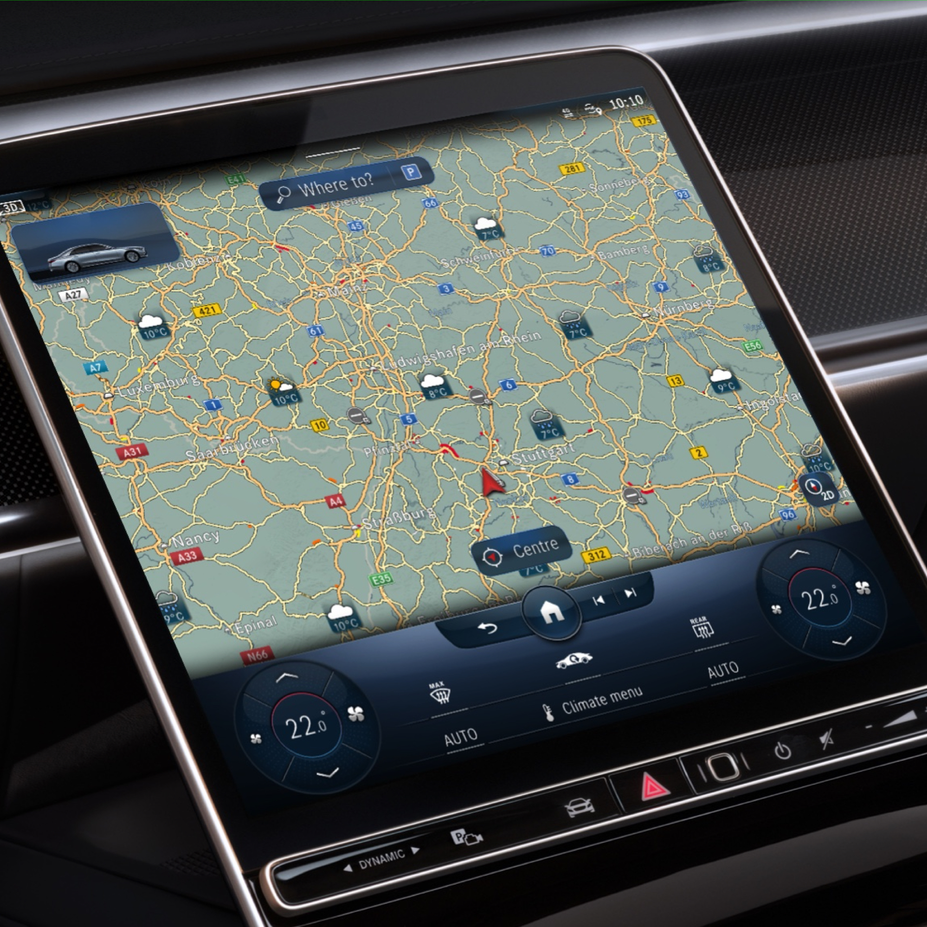 在 MBUX 多媒體系統上透過天氣地圖數位增訂顯示目標區域的天氣預報。 在 MBUX 多媒體系統上透過天氣地圖數位增訂顯示目標區域的天氣預報。