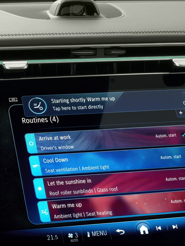 圖三、MBUX 中的 Routines 功能能了解乘客使用習慣或車主自行設定，達成自動化的目標