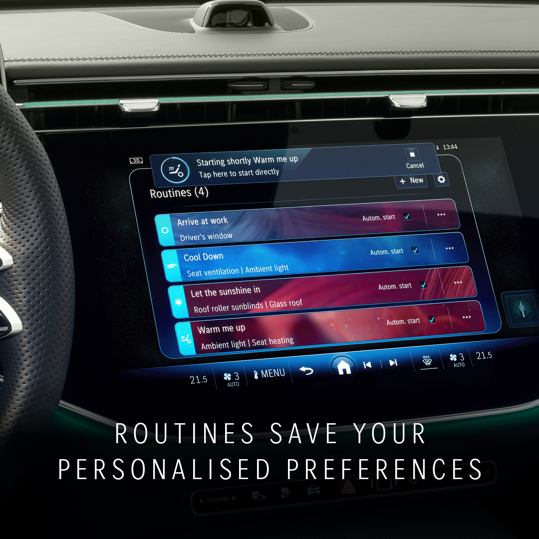 圖三、MBUX 中的 Routines 功能能了解乘客使用習慣或車主自行設定,達成自動化的目標 圖三、MBUX 中的 Routines 功能能了解乘客使用習慣或車主自行設定,達成自動化的目標