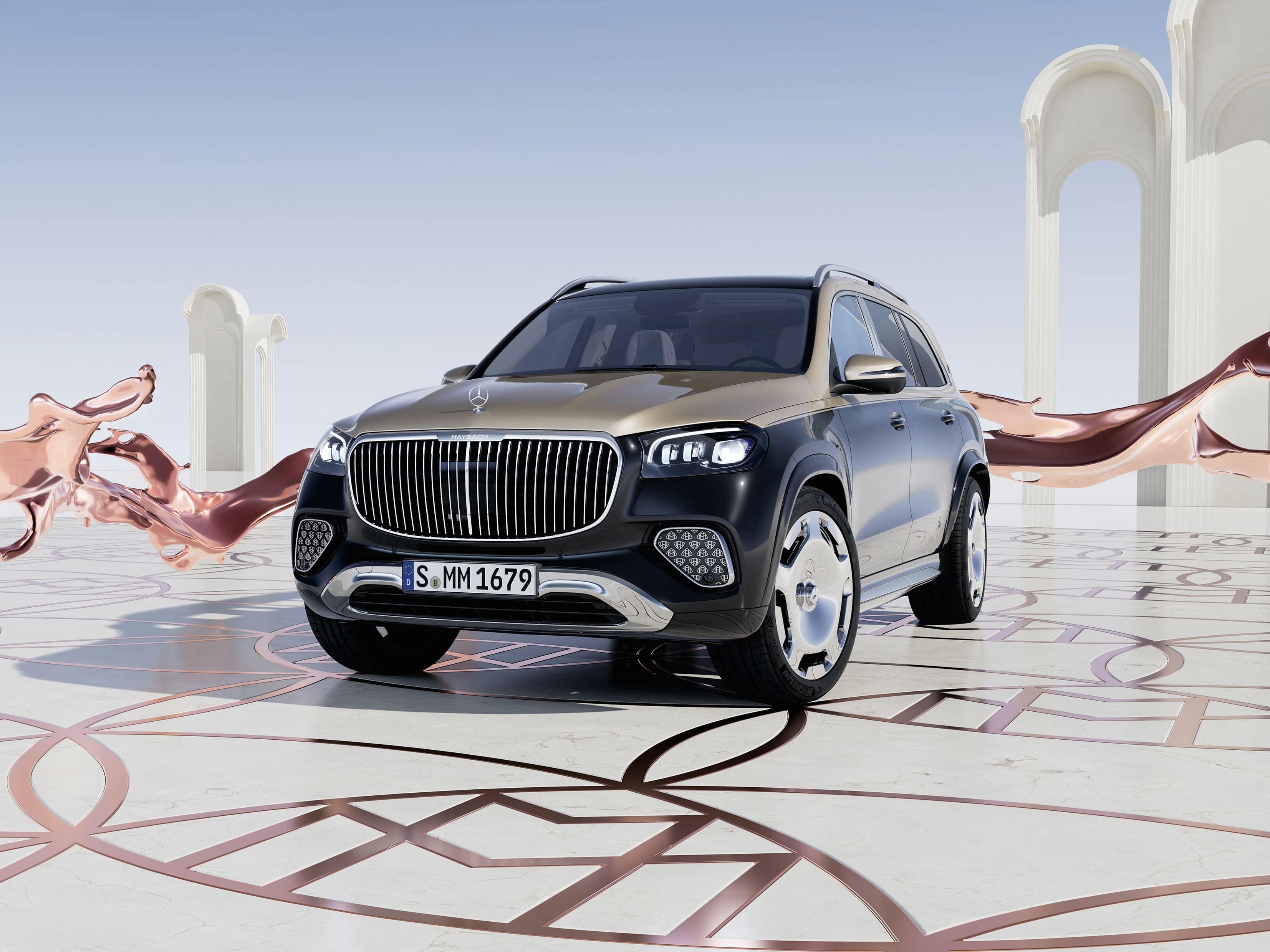 Maybach GLS 採用全新大器優雅的水箱護罩，與佈滿 Maybach 徽飾的前保桿