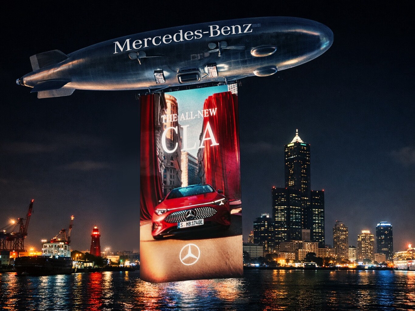 全新 CLA 發表會倒數，台灣賓士今日再度釋出飛船飛越高雄港的畫面