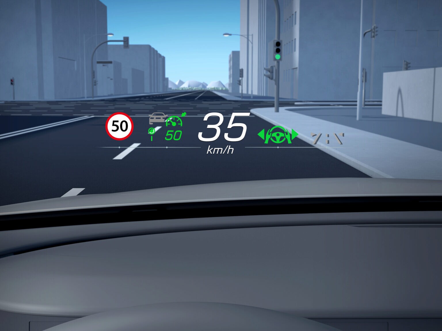 HUD 抬頭顯示器將車速、導航線與駕駛輔助等重要行車資訊，以高解析度清晰投影於駕駛視野正前方