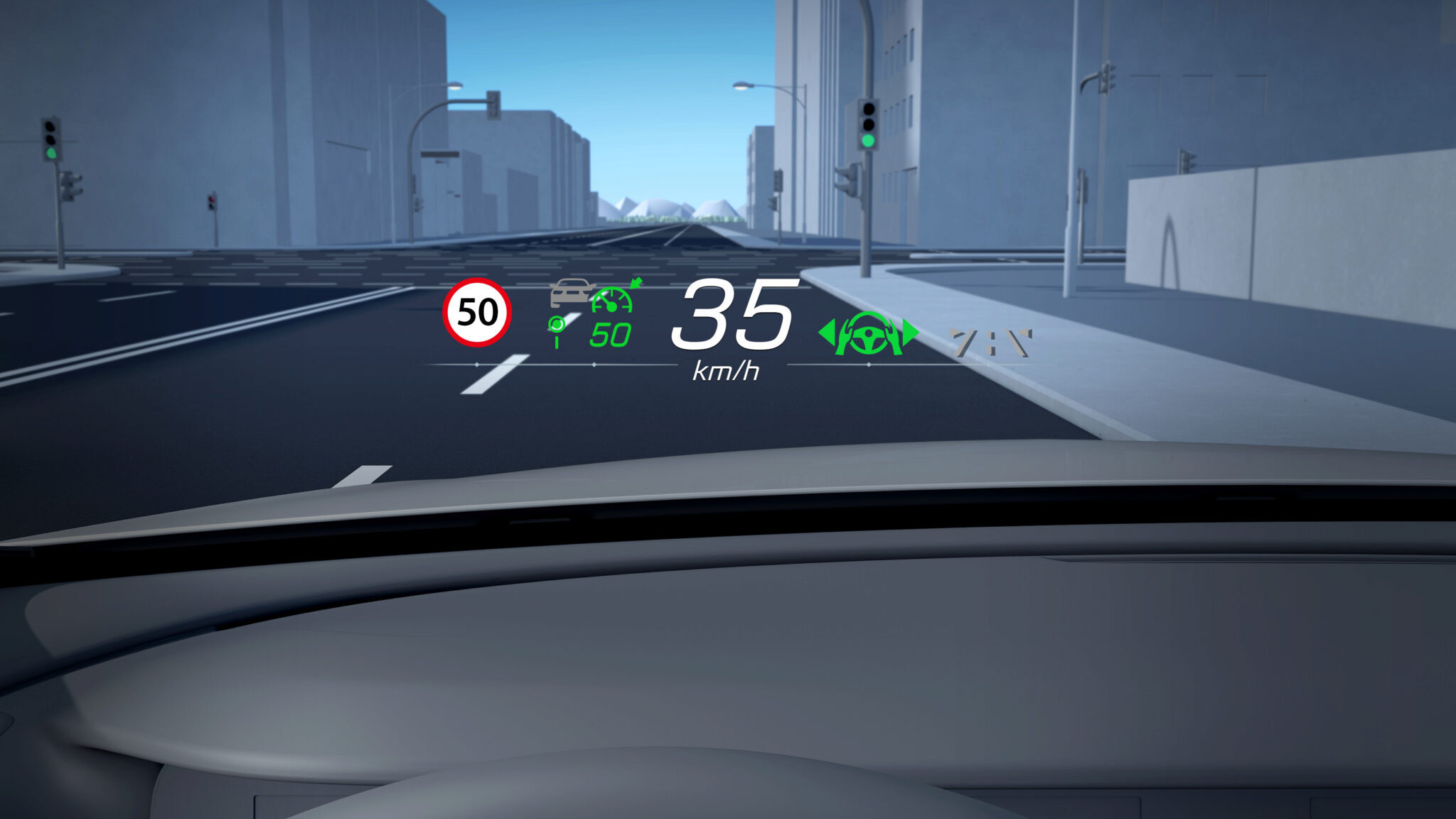 HUD 抬頭顯示器將車速、導航線與駕駛輔助等重要行車資訊,以高解析度清晰投影於駕駛視野正前方 HUD 抬頭顯示器將車速、導航線與駕駛輔助等重要行車資訊,以高解析度清晰投影於駕駛視野正前方